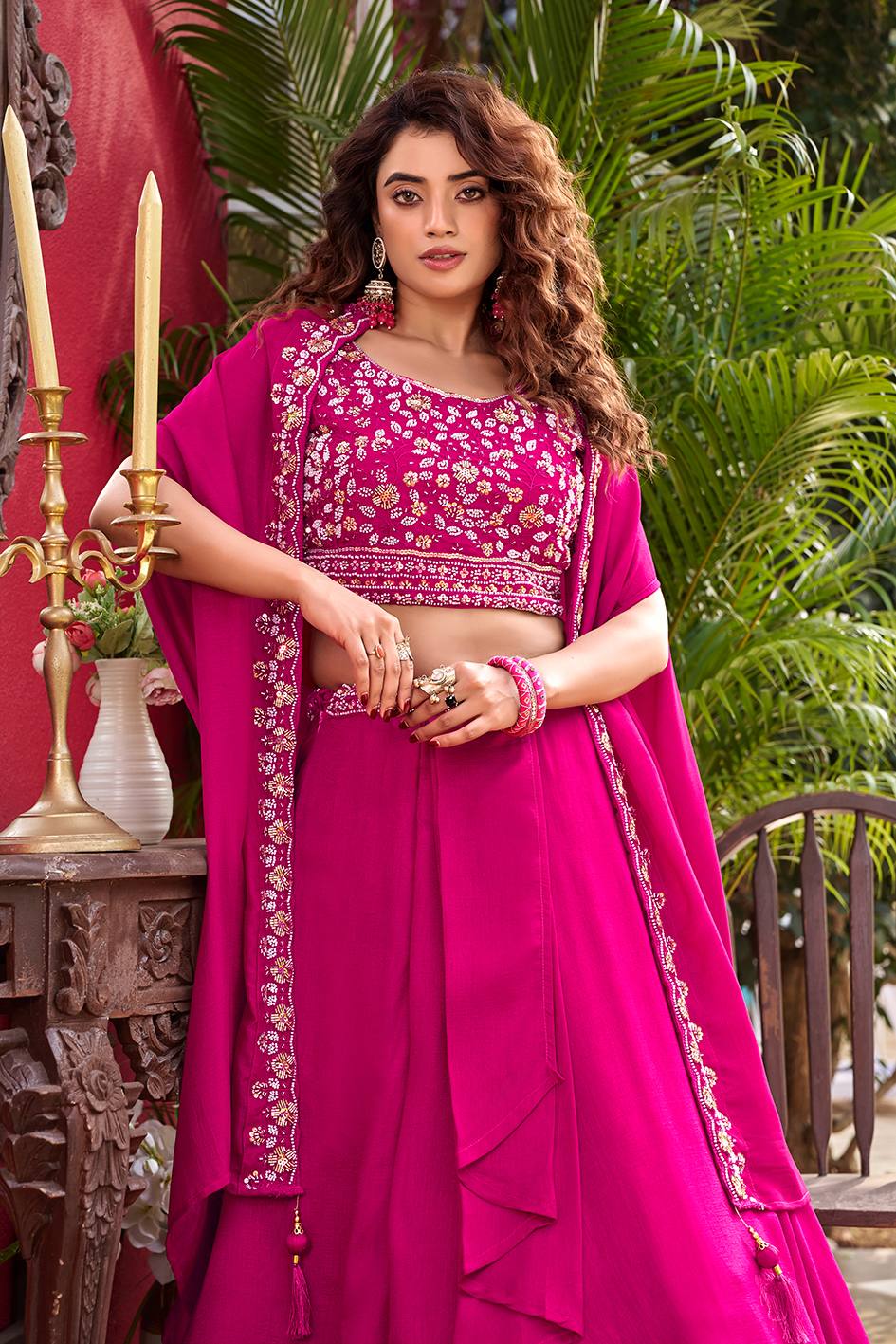 Pure Vichitra Silk Embroidered Lehenga Choli with Shrug Style Dupatta – Heavy Moti Beads & Sequence Work Wedding Lehenga Set