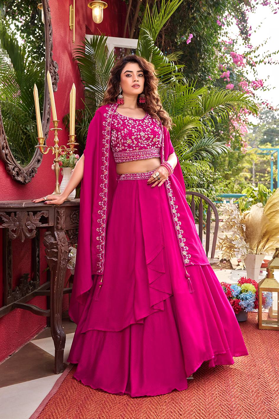 Pure Vichitra Silk Embroidered Lehenga Choli with Shrug Style Dupatta – Heavy Moti Beads & Sequence Work Wedding Lehenga Set