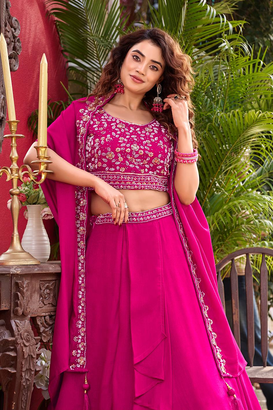 Pure Vichitra Silk Embroidered Lehenga Choli with Shrug Style Dupatta – Heavy Moti Beads & Sequence Work Wedding Lehenga Set