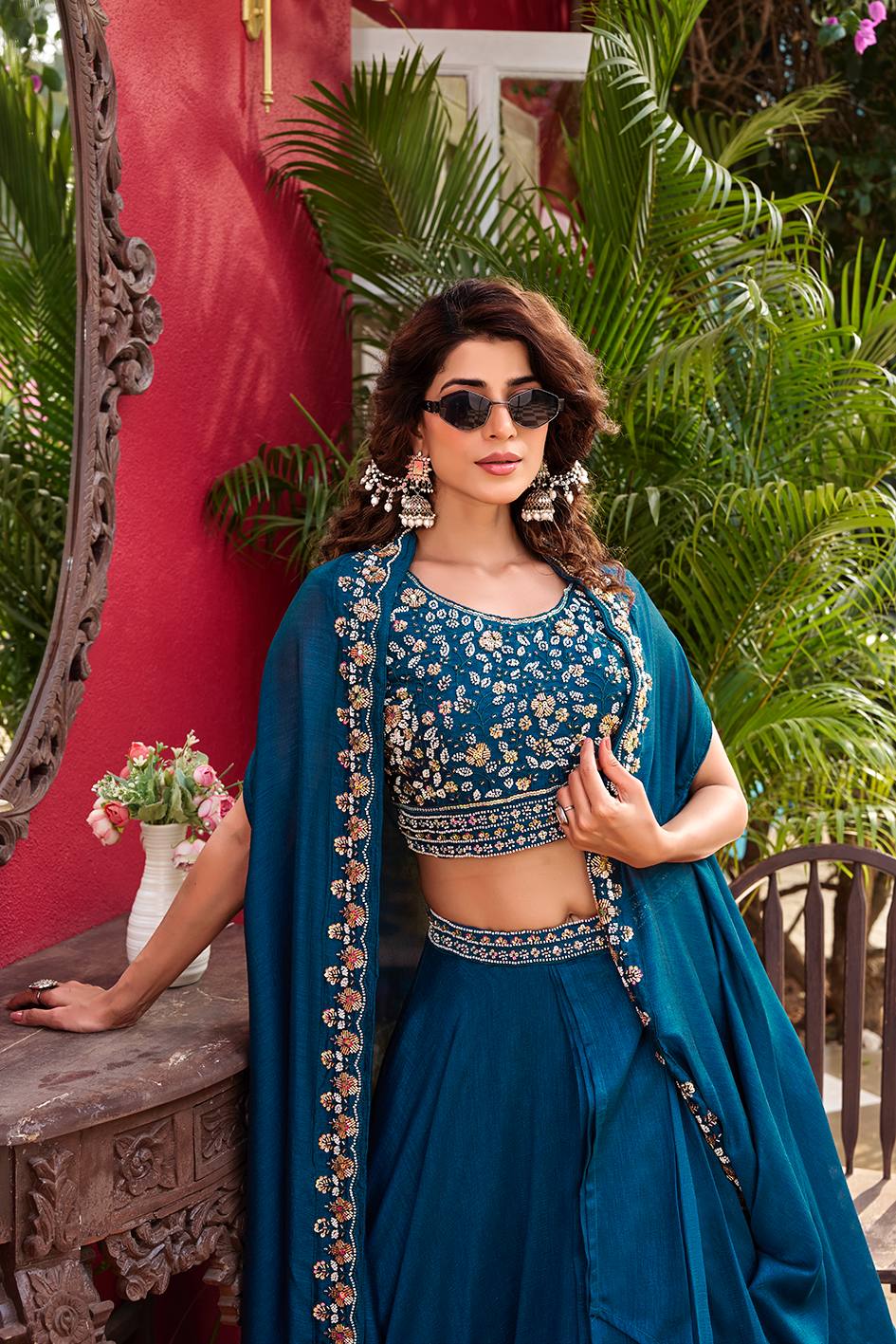Pure Vichitra Silk Embroidered Lehenga Choli with Shrug Style Dupatta – Heavy Moti Beads & Sequence Work Wedding Lehenga Set