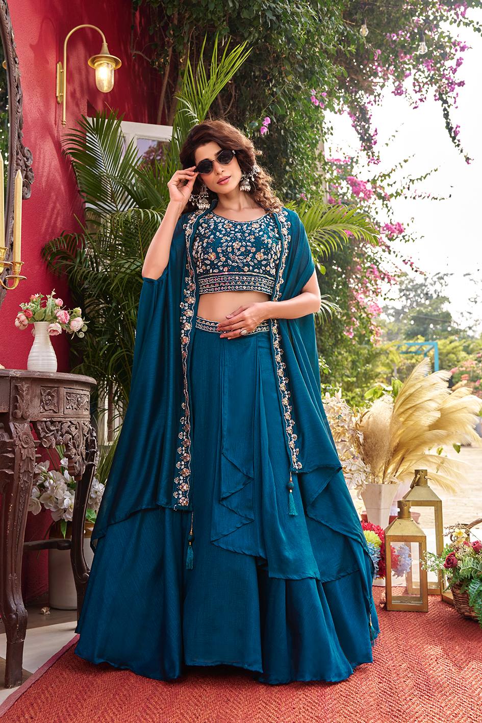 Pure Vichitra Silk Embroidered Lehenga Choli with Shrug Style Dupatta – Heavy Moti Beads & Sequence Work Wedding Lehenga Set