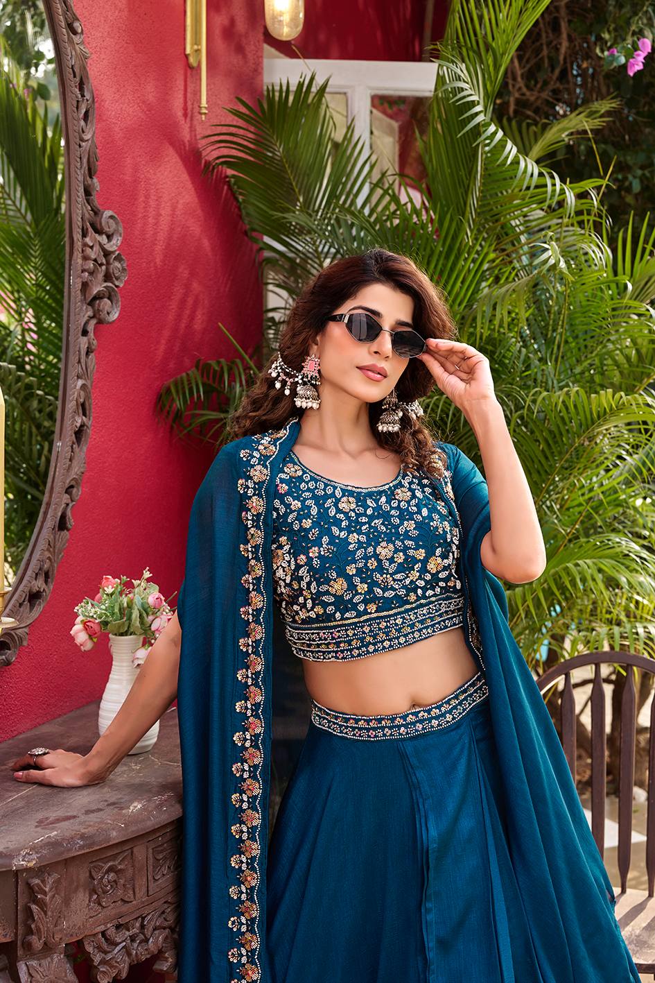 Pure Vichitra Silk Embroidered Lehenga Choli with Shrug Style Dupatta – Heavy Moti Beads & Sequence Work Wedding Lehenga Set