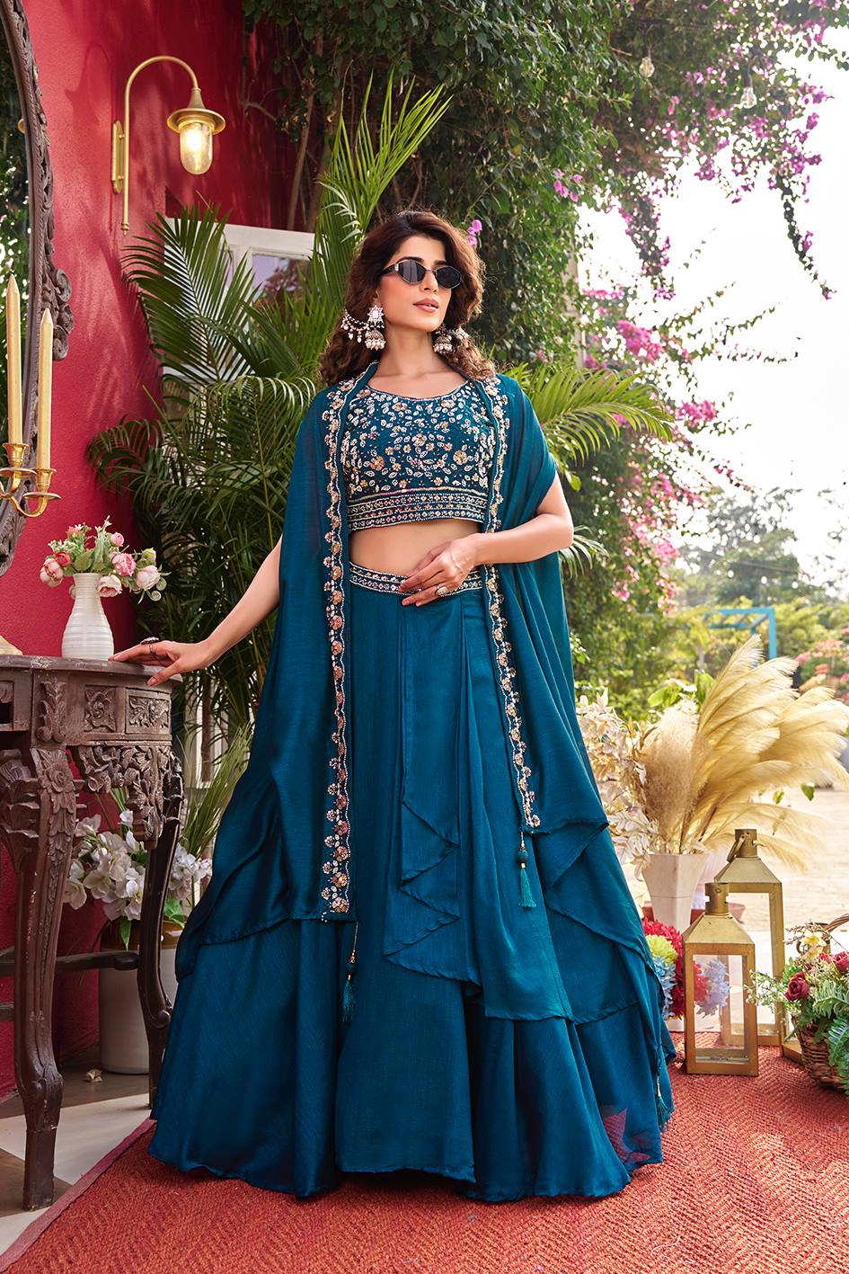 Pure Vichitra Silk Embroidered Lehenga Choli with Shrug Style Dupatta – Heavy Moti Beads & Sequence Work Wedding Lehenga Set