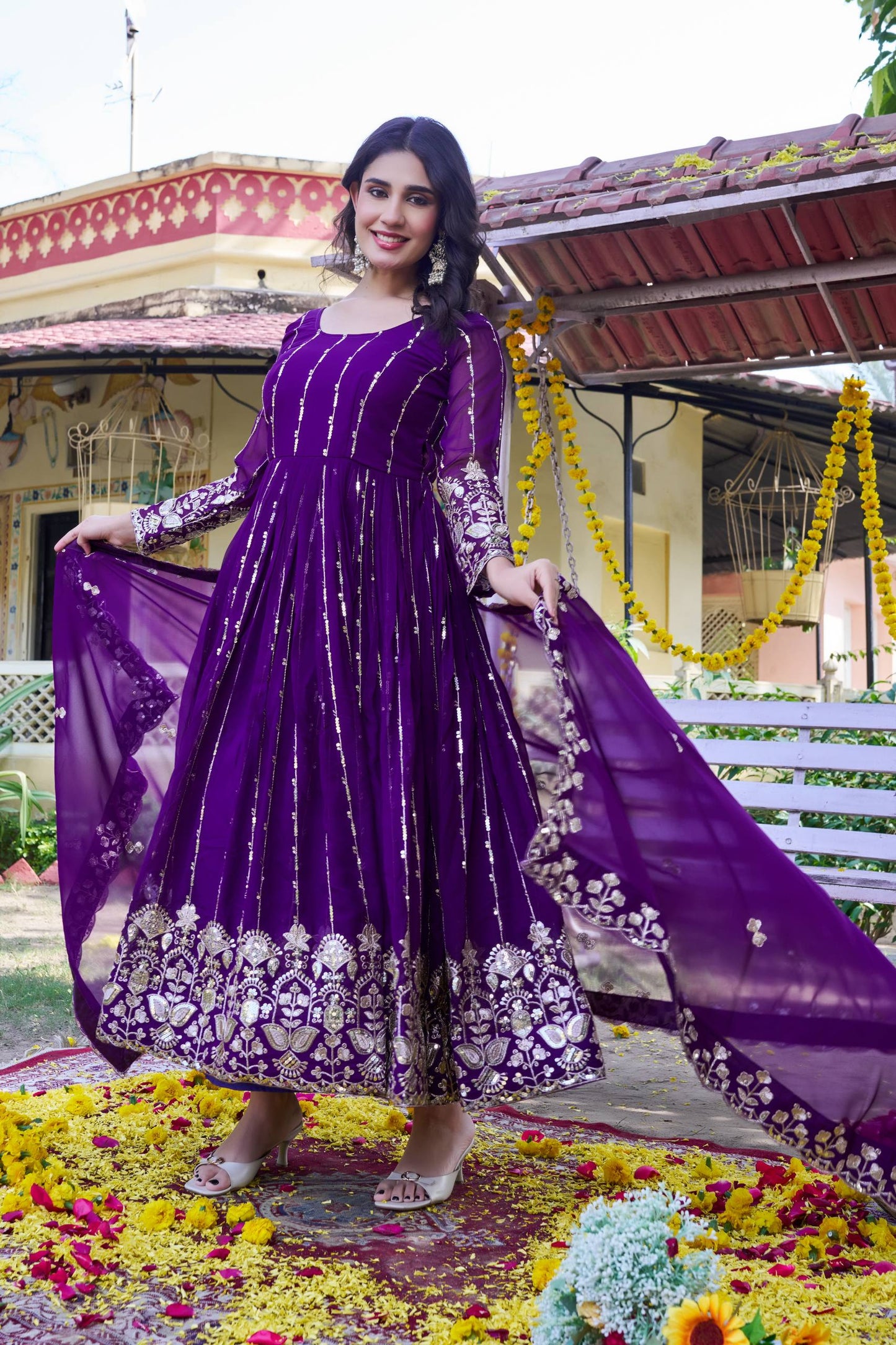 Designer Fox Georgette Anarkali Gown with Heavy Sequence Embroidery & Dupatta