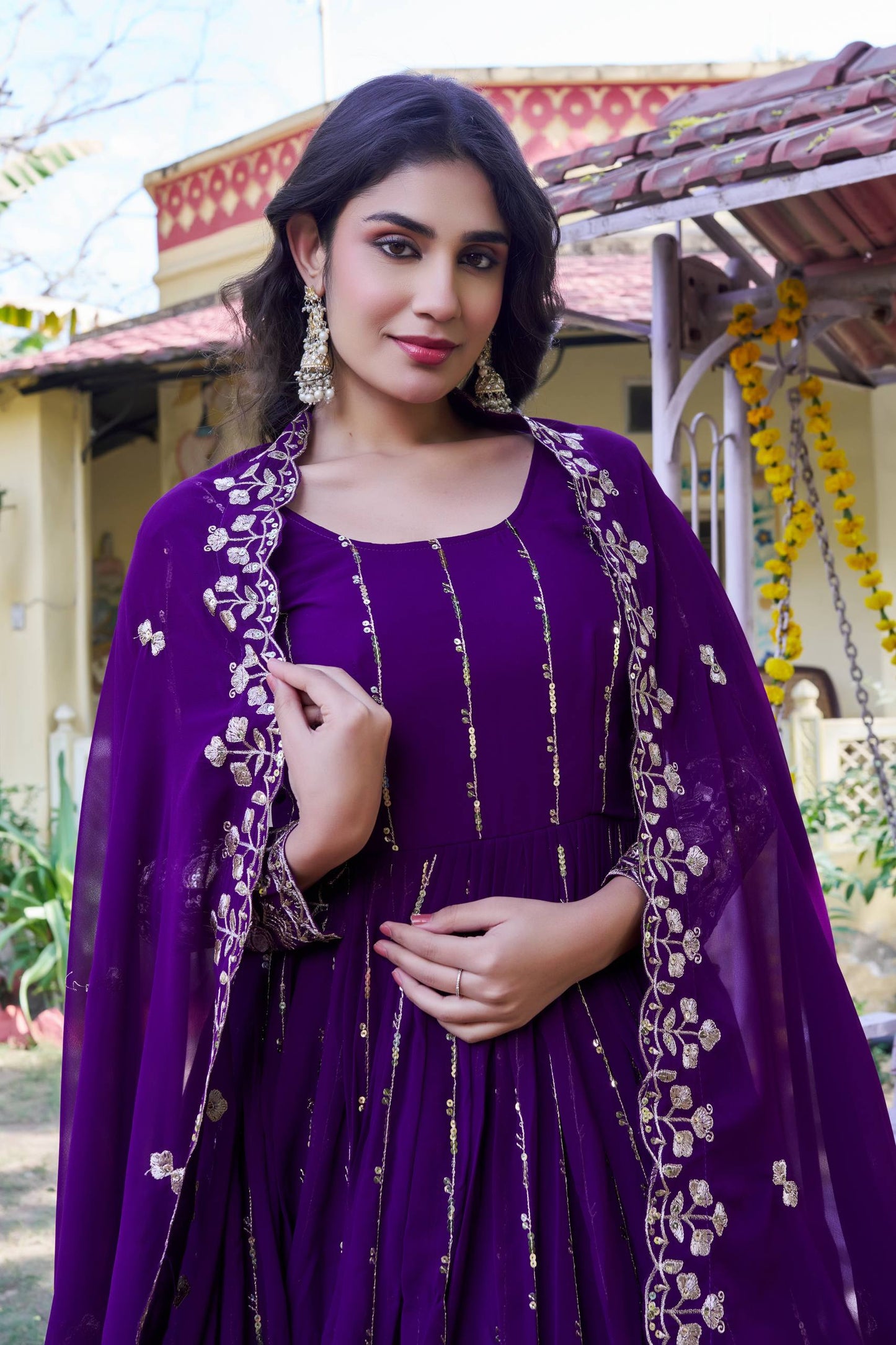 Designer Fox Georgette Anarkali Gown with Heavy Sequence Embroidery & Dupatta