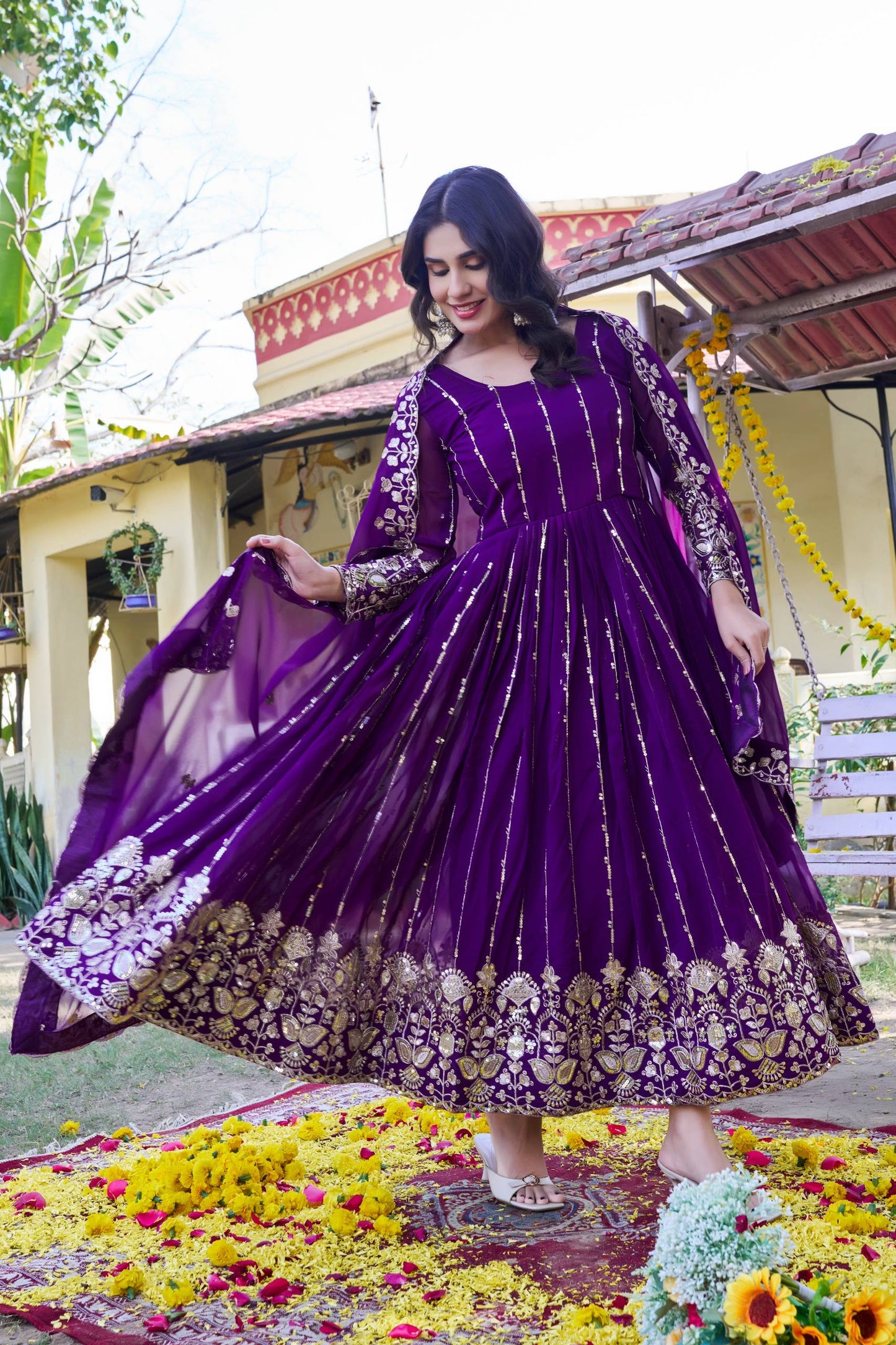 Designer Fox Georgette Anarkali Gown with Heavy Sequence Embroidery & Dupatta