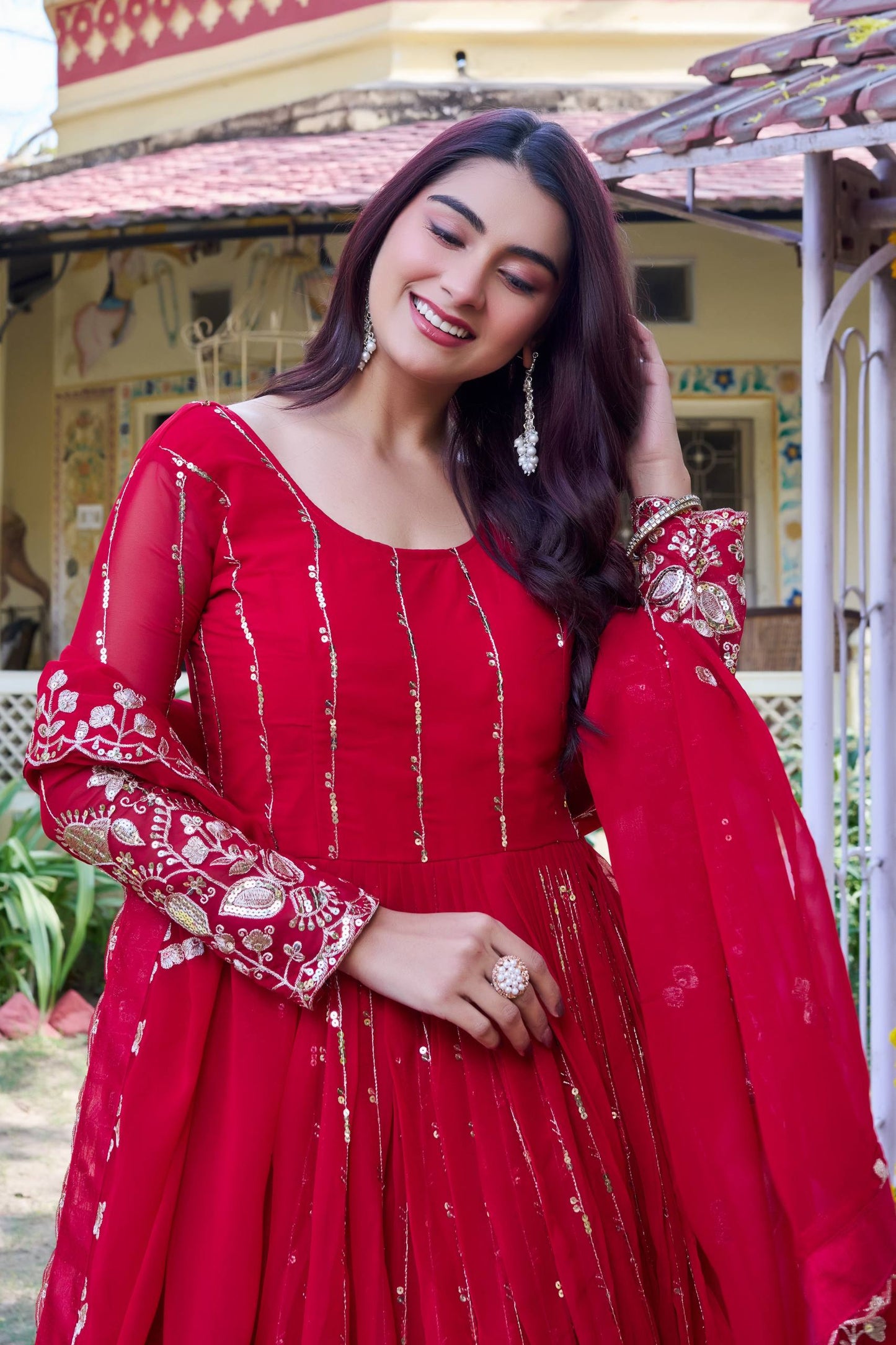 Designer Fox Georgette Anarkali Gown with Heavy Sequence Embroidery & Dupatta