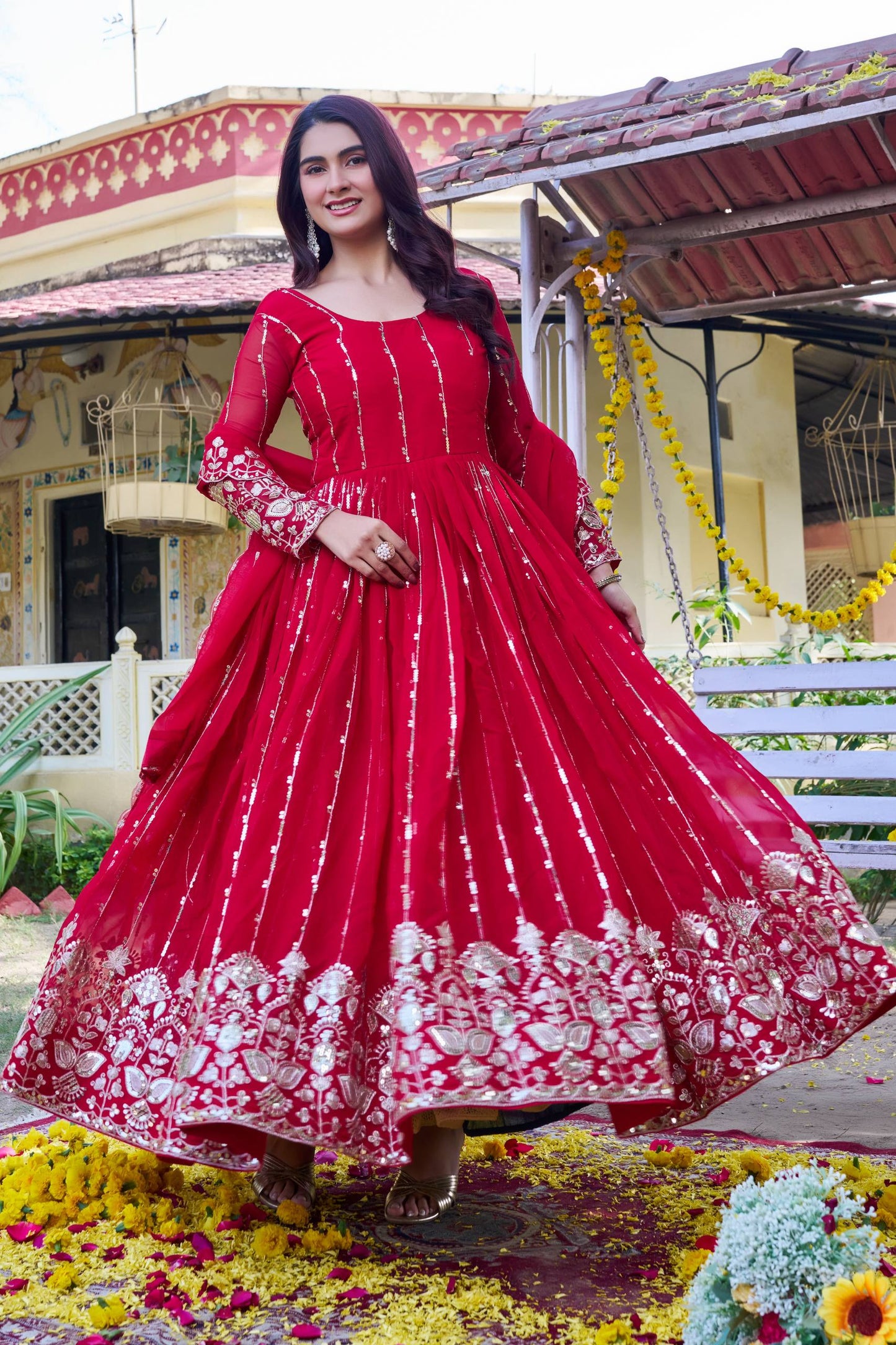 Designer Fox Georgette Anarkali Gown with Heavy Sequence Embroidery & Dupatta