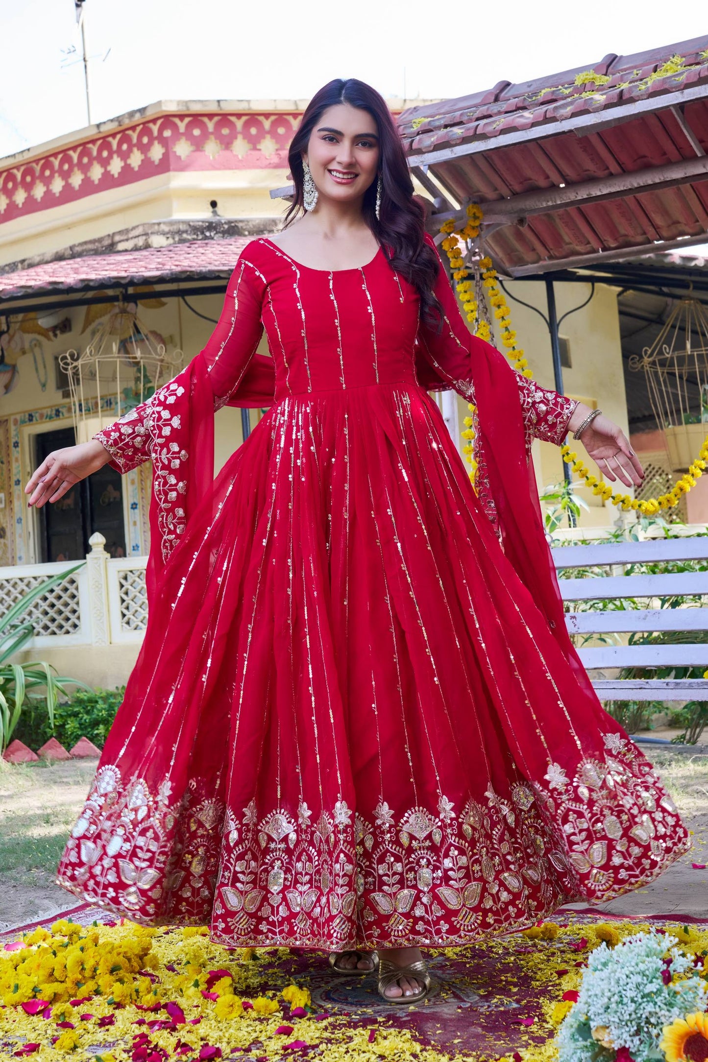 Designer Fox Georgette Anarkali Gown with Heavy Sequence Embroidery & Dupatta