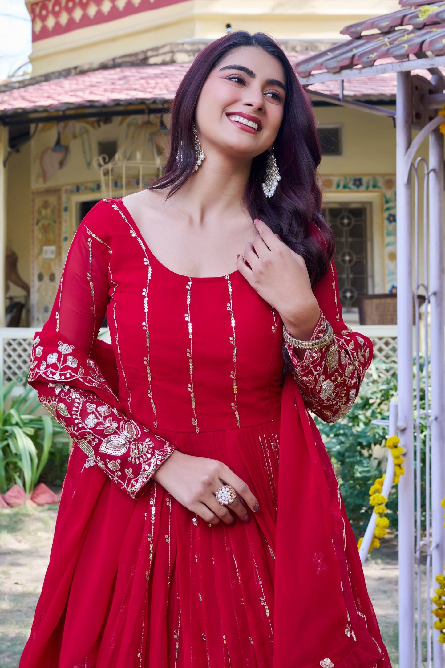 Designer Fox Georgette Anarkali Gown with Heavy Sequence Embroidery & Dupatta