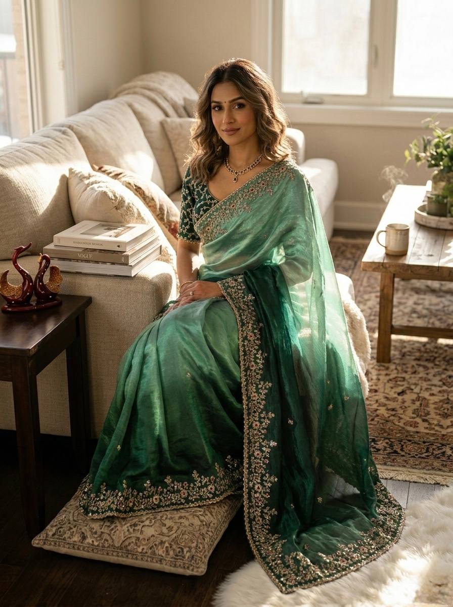 Shaded Frendy Chiffon Sequins Embroidered Saree with Heavy Sequins Mono Banglori Stitched Blouse – Designer Party Wear Saree