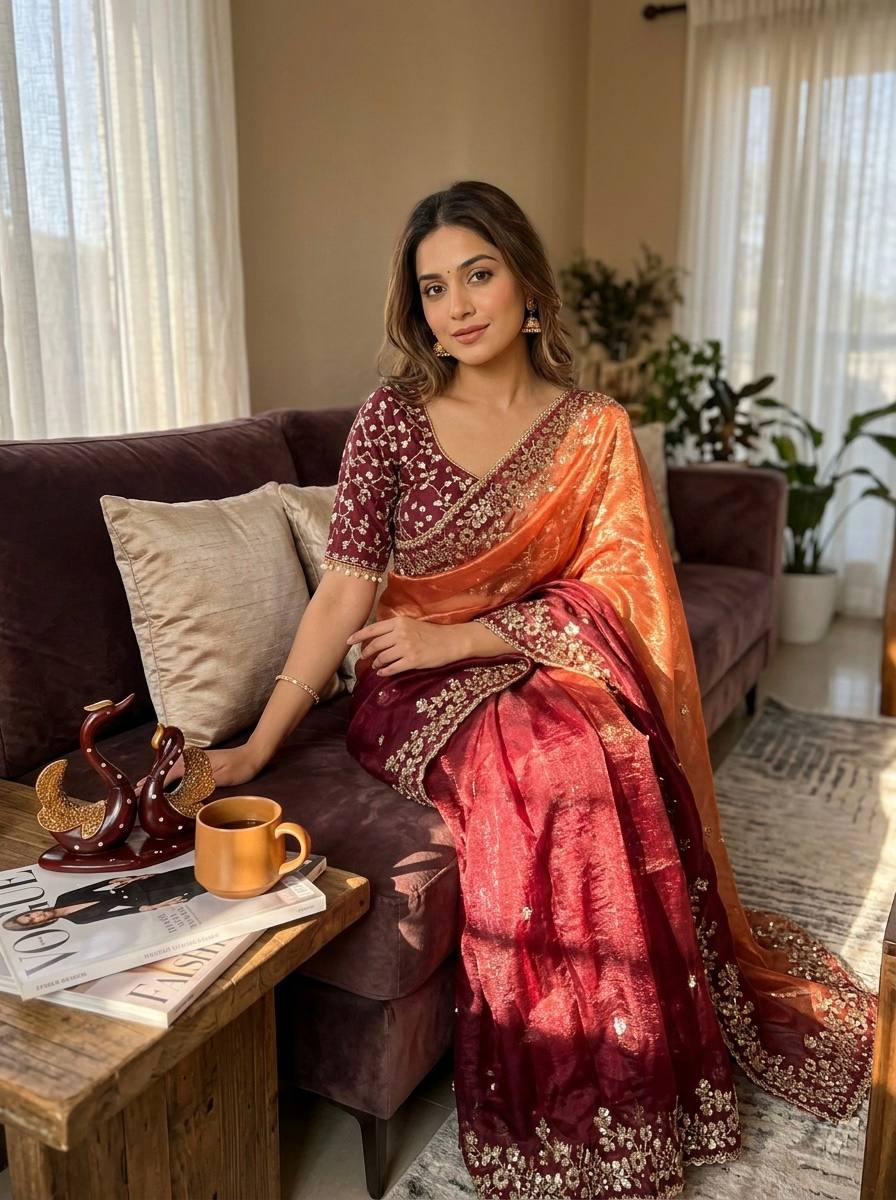 Shaded Frendy Chiffon Sequins Embroidered Saree with Heavy Sequins Mono Banglori Stitched Blouse – Designer Party Wear Saree