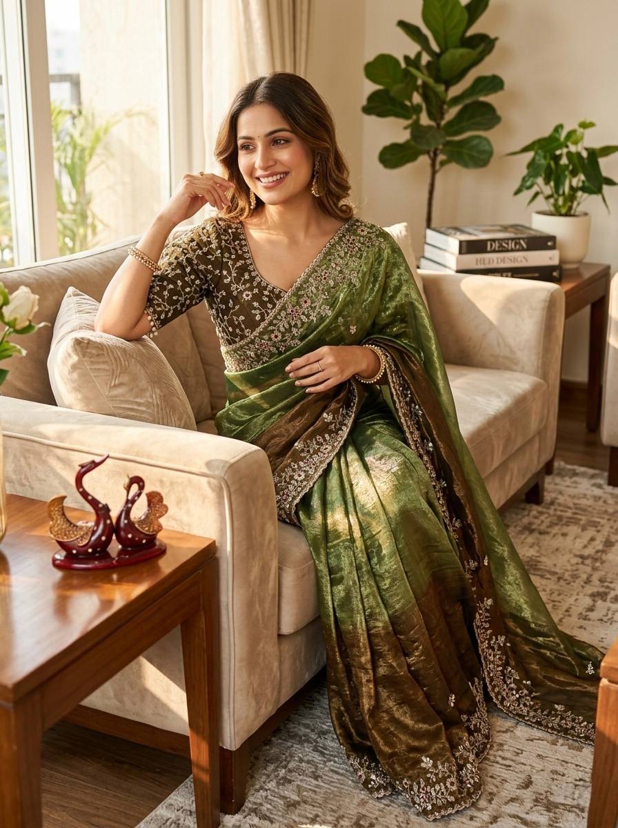 Shaded Frendy Chiffon Sequins Embroidered Saree with Heavy Sequins Mono Banglori Stitched Blouse – Designer Party Wear Saree
