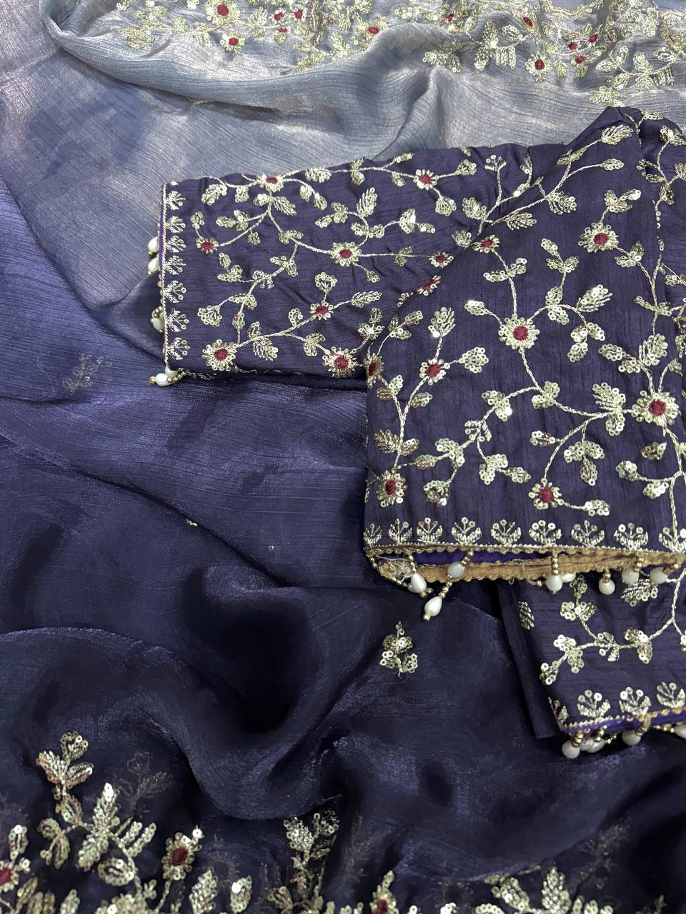 Shaded Frendy Chiffon Sequins Embroidered Saree with Heavy Sequins Mono Banglori Stitched Blouse – Designer Party Wear Saree