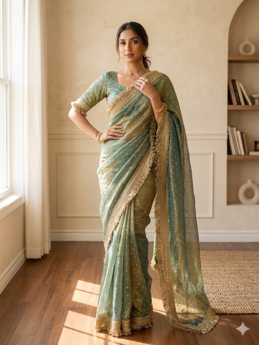 Moss Silk Jacquard Butti Designer Saree with Fancy Lace Border – Elegant Party & Festive Wear Saree with Blouse