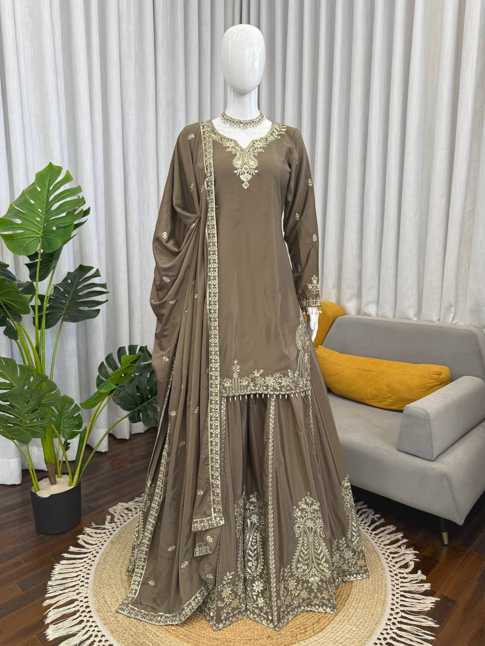 Heavy Natural Crepe Designer Sharara Suit Set with Thread & Sequence Work – Elegant Wedding & Festive Wear Sharara Outfit for Women