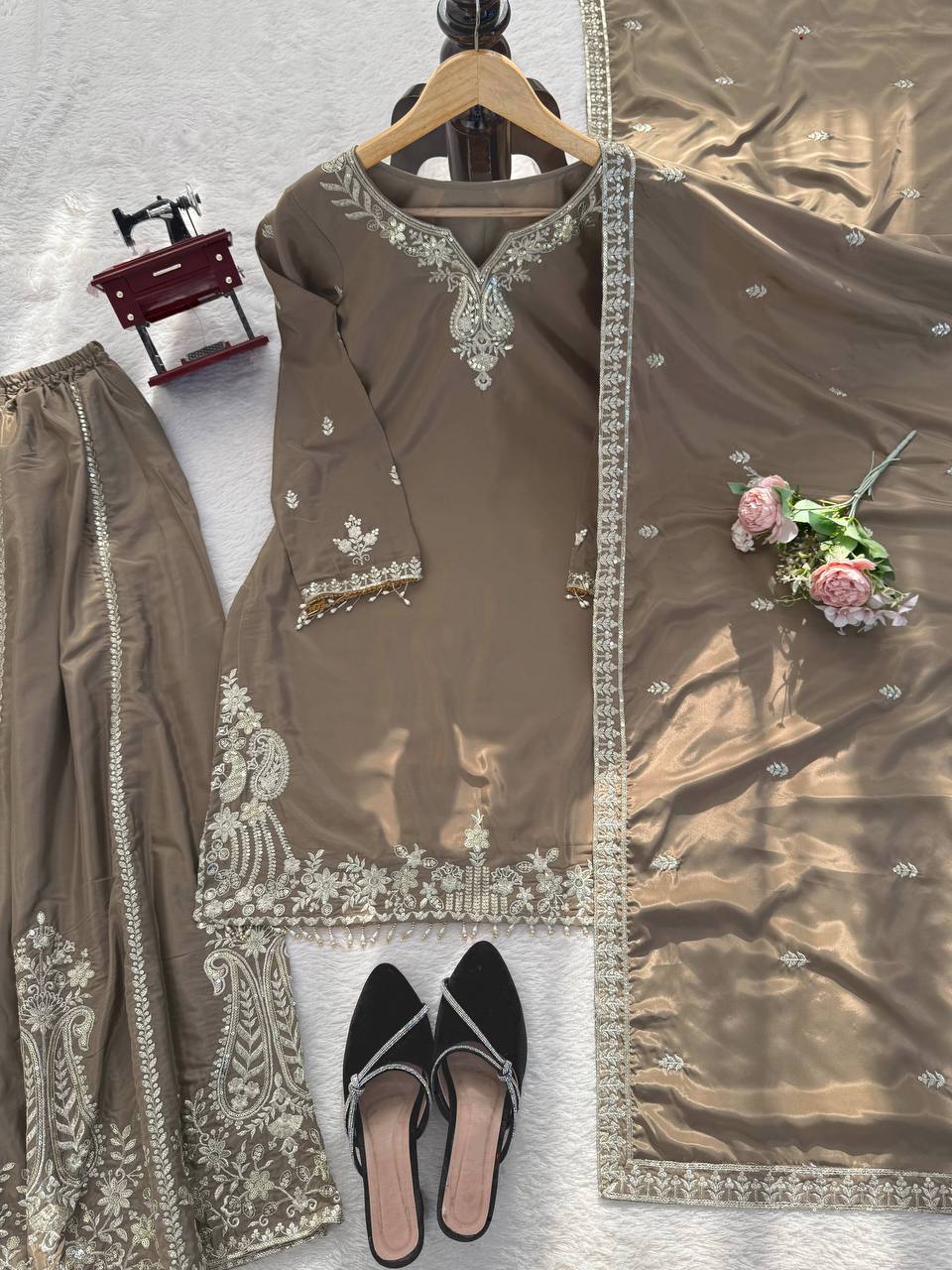 Heavy Natural Crepe Designer Sharara Suit Set with Thread & Sequence Work – Elegant Wedding & Festive Wear Sharara Outfit for Women