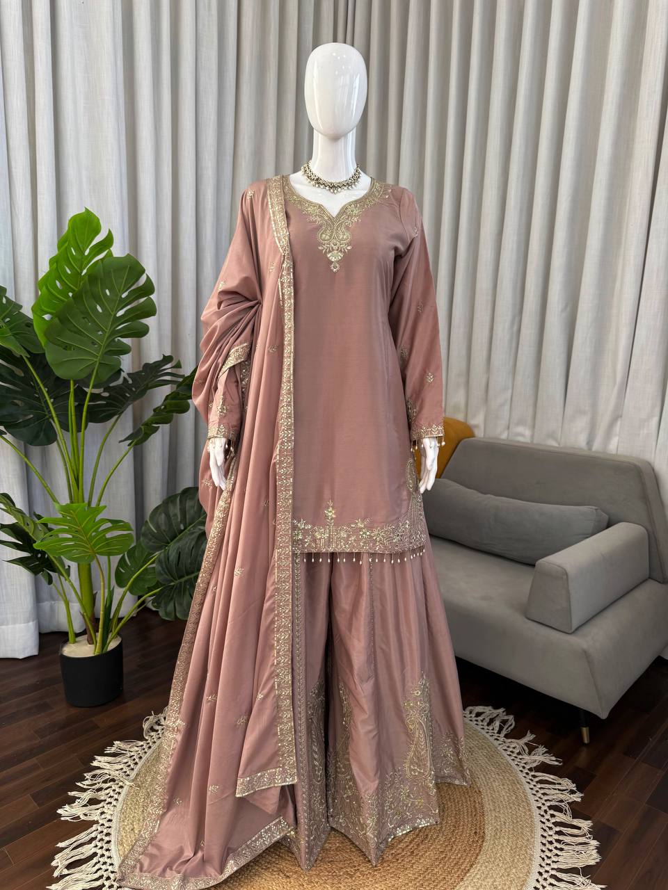 Heavy Natural Crepe Designer Sharara Suit Set with Thread & Sequence Work – Elegant Wedding & Festive Wear Sharara Outfit for Women