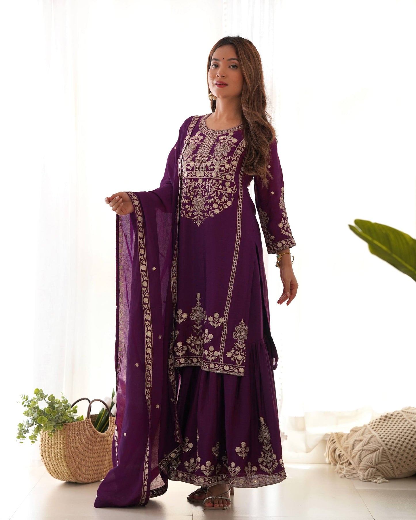 Heavy Roman Shimmer Chanderi Silk Anarkali Gown Set with Hand Beads Work Dupatta | 16 Kali Fully Flared Designer Anarkali Suit | Party Wear Wedding Ethnic Gown for Women