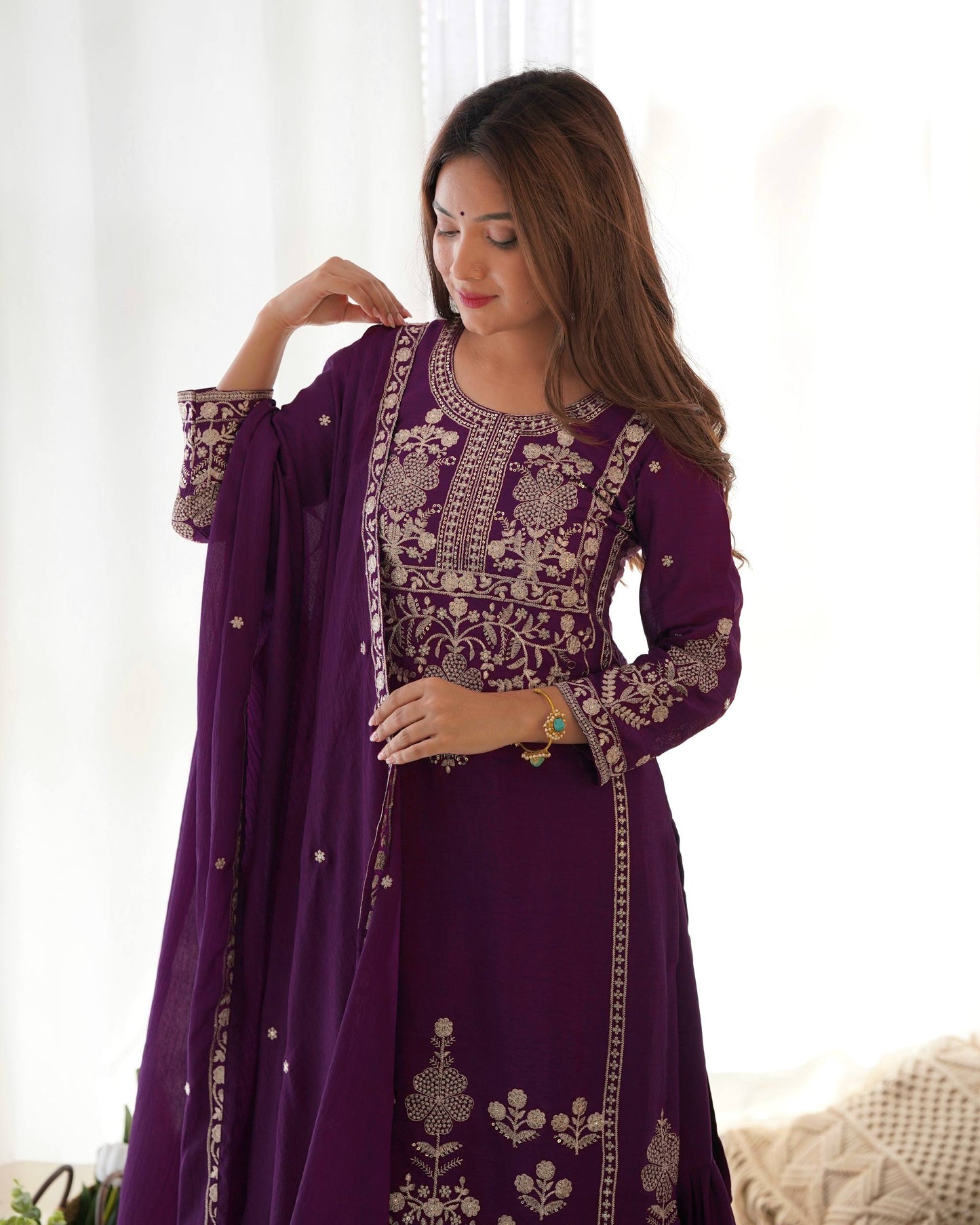 Heavy Roman Shimmer Chanderi Silk Anarkali Gown Set with Hand Beads Work Dupatta | 16 Kali Fully Flared Designer Anarkali Suit | Party Wear Wedding Ethnic Gown for Women
