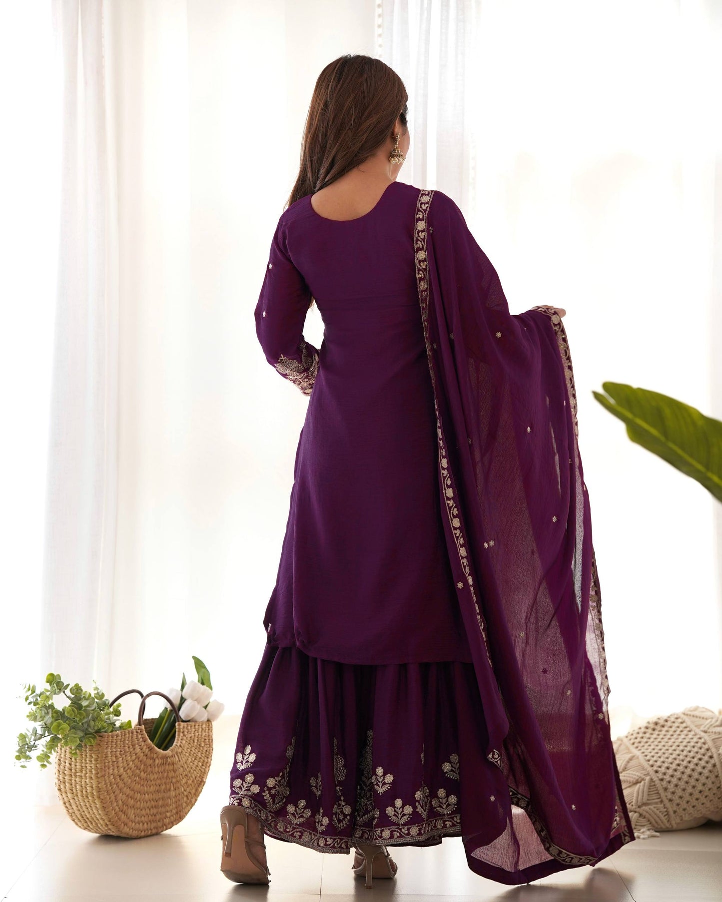 Heavy Roman Shimmer Chanderi Silk Anarkali Gown Set with Hand Beads Work Dupatta | 16 Kali Fully Flared Designer Anarkali Suit | Party Wear Wedding Ethnic Gown for Women