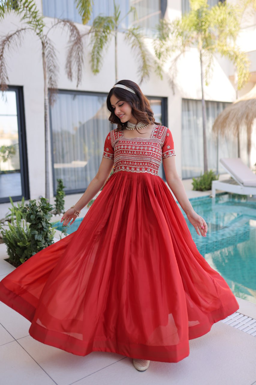Women’s Designer HO Fabric Gown with Sequins, Zari & Pipe Beads Embroidery | Square Neck Party Wear Long Gown