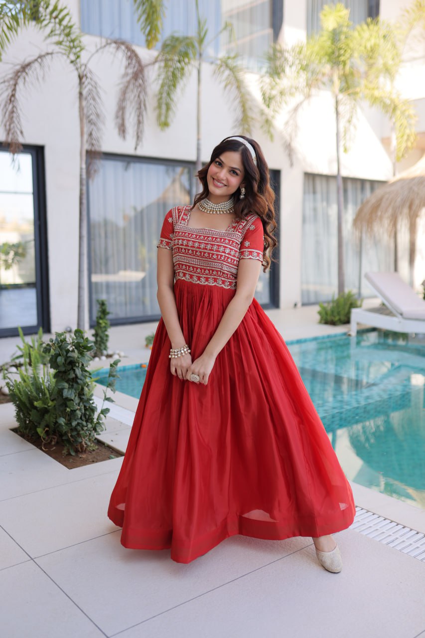Women’s Designer HO Fabric Gown with Sequins, Zari & Pipe Beads Embroidery | Square Neck Party Wear Long Gown