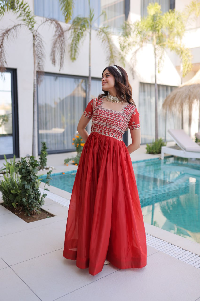Women’s Designer HO Fabric Gown with Sequins, Zari & Pipe Beads Embroidery | Square Neck Party Wear Long Gown