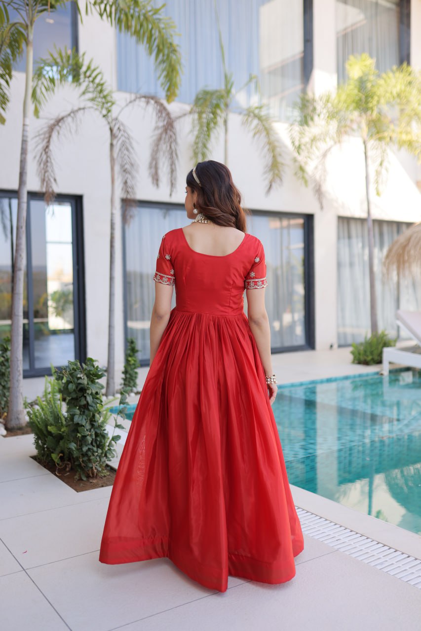 Women’s Designer HO Fabric Gown with Sequins, Zari & Pipe Beads Embroidery | Square Neck Party Wear Long Gown