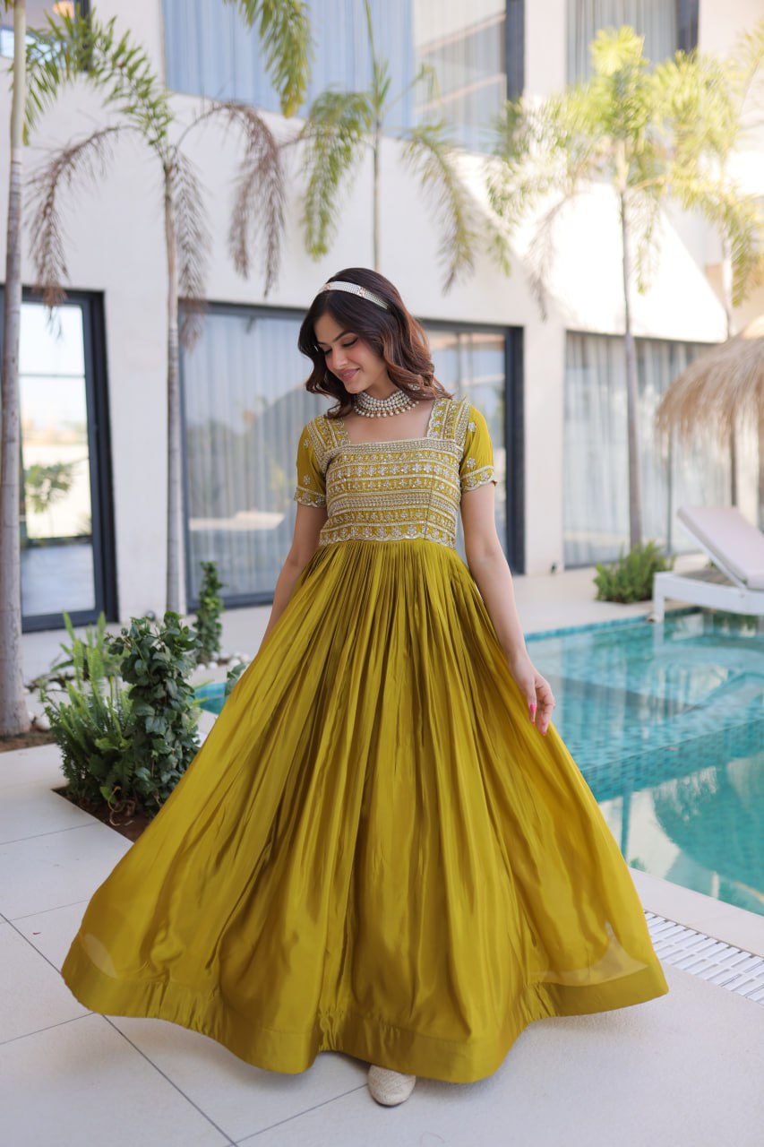 Women’s Designer HO Fabric Gown with Sequins, Zari & Pipe Beads Embroidery | Square Neck Party Wear Long Gown