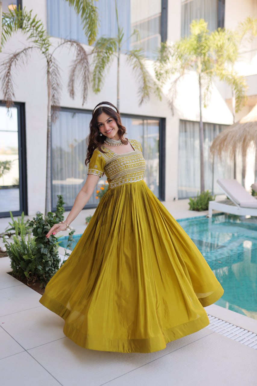Women’s Designer HO Fabric Gown with Sequins, Zari & Pipe Beads Embroidery | Square Neck Party Wear Long Gown