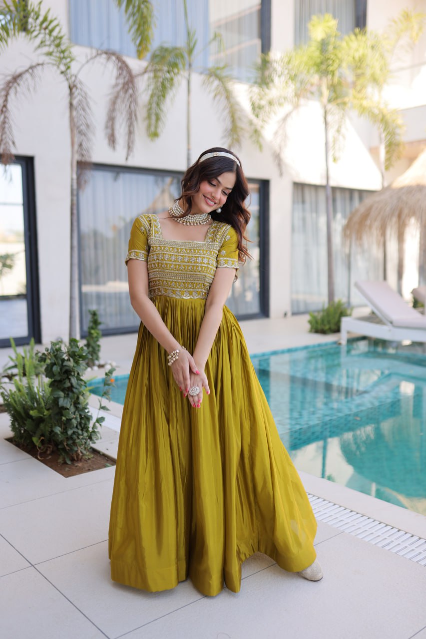 Women’s Designer HO Fabric Gown with Sequins, Zari & Pipe Beads Embroidery | Square Neck Party Wear Long Gown