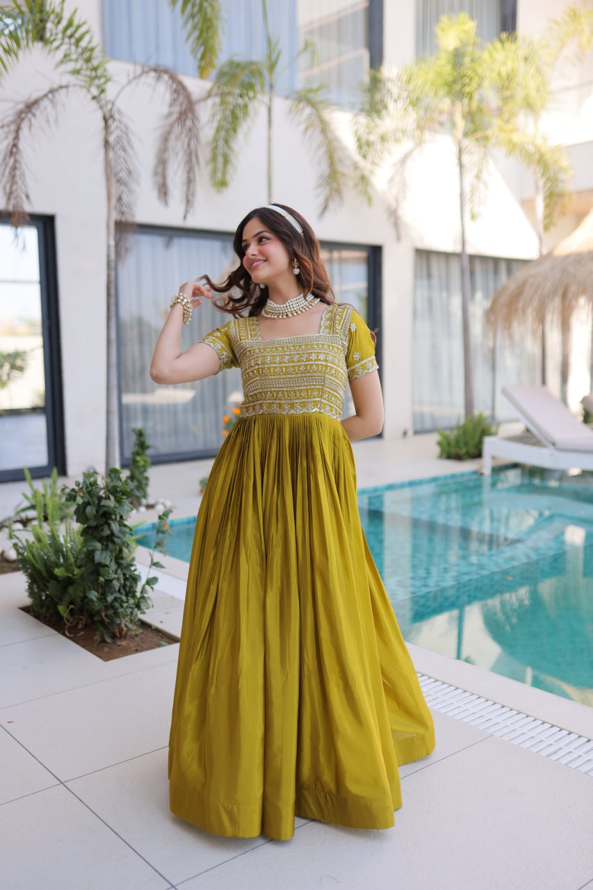 Women’s Designer HO Fabric Gown with Sequins, Zari & Pipe Beads Embroidery | Square Neck Party Wear Long Gown