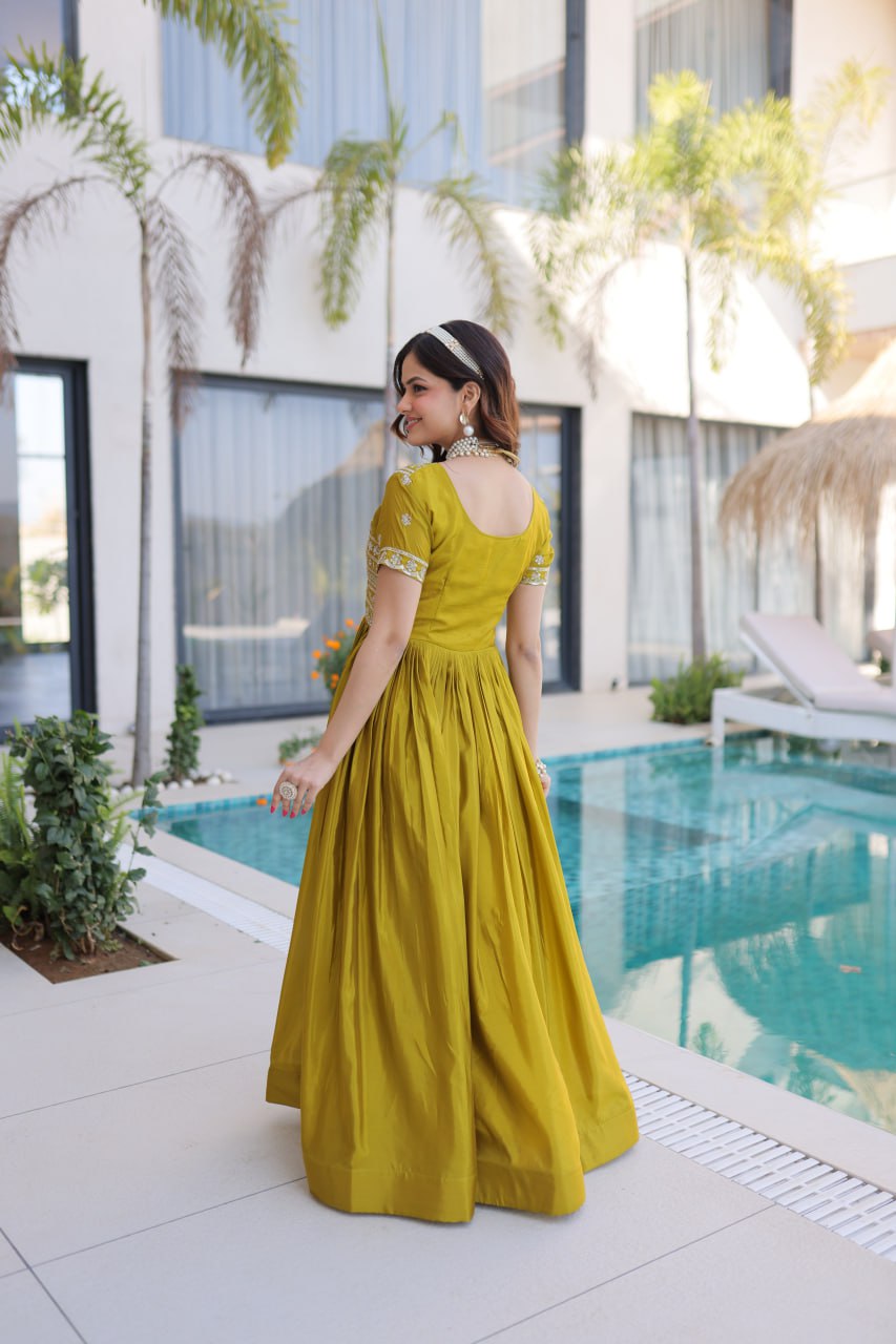 Women’s Designer HO Fabric Gown with Sequins, Zari & Pipe Beads Embroidery | Square Neck Party Wear Long Gown
