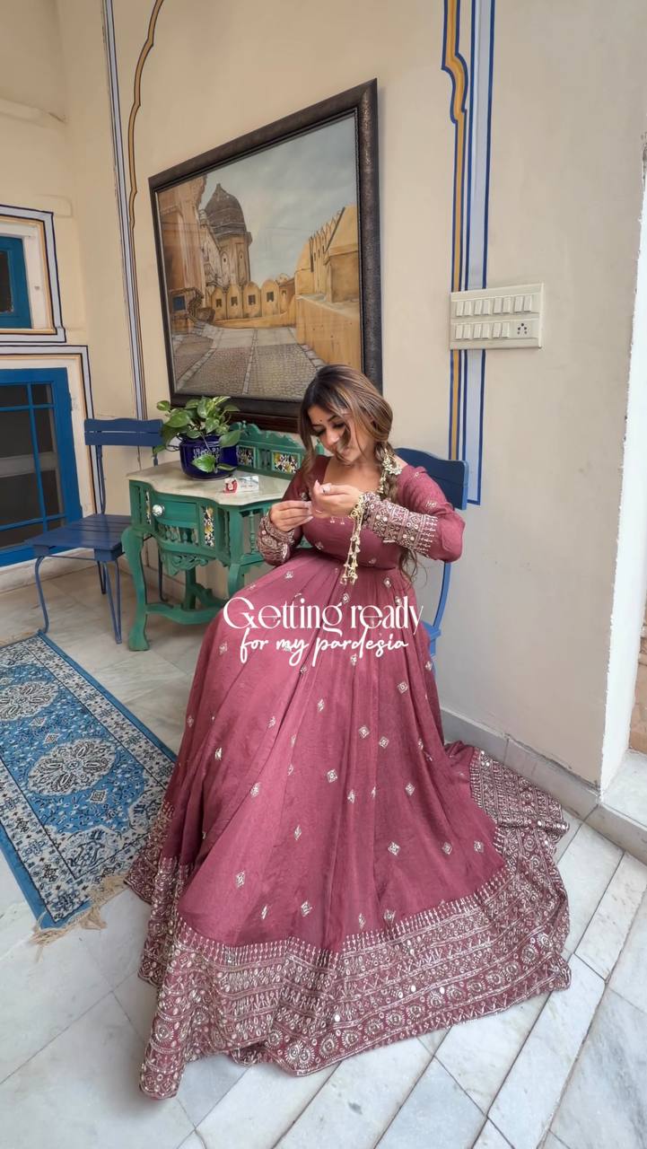 Mul Chanderi Silk Embroidered Gown Set with Pant & Dupatta – Thread Sequence Work Designer Wedding & Festive Wear Outfit