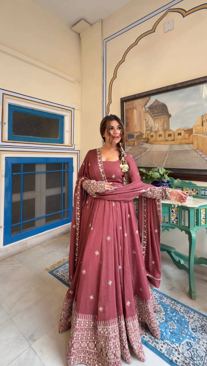 Mul Chanderi Silk Embroidered Gown Set with Pant & Dupatta – Thread Sequence Work Designer Wedding & Festive Wear Outfit