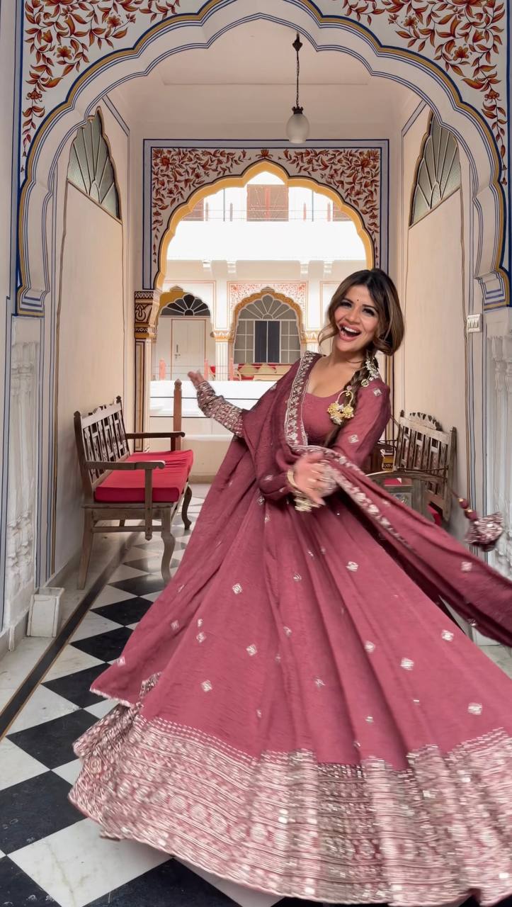 Mul Chanderi Silk Embroidered Gown Set with Pant & Dupatta – Thread Sequence Work Designer Wedding & Festive Wear Outfit