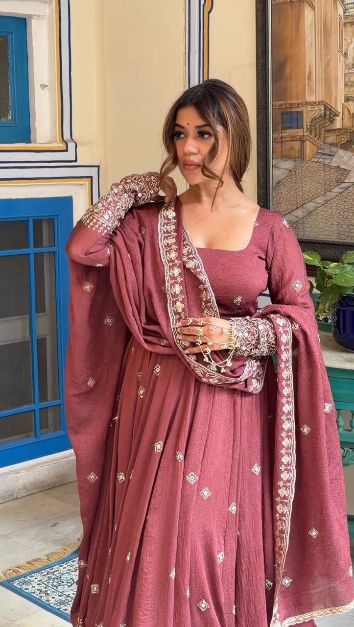 Mul Chanderi Silk Embroidered Gown Set with Pant & Dupatta – Thread Sequence Work Designer Wedding & Festive Wear Outfit