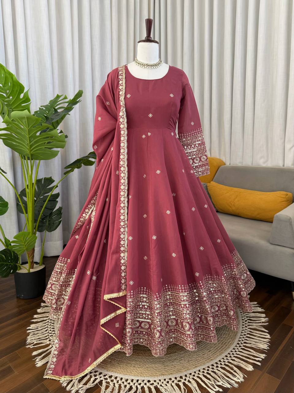 Mul Chanderi Silk Embroidered Gown Set with Pant & Dupatta – Thread Sequence Work Designer Wedding & Festive Wear Outfit