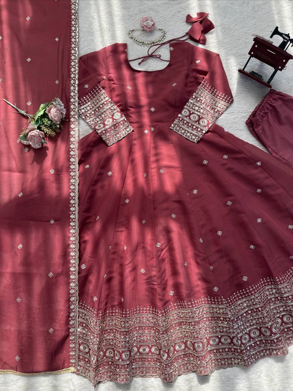 Mul Chanderi Silk Embroidered Gown Set with Pant & Dupatta – Thread Sequence Work Designer Wedding & Festive Wear Outfit