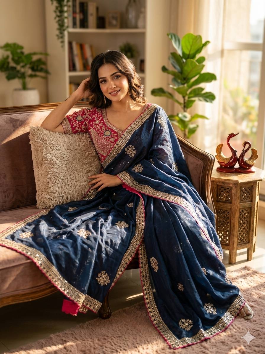 Premium Frendy Satin Saree with Sequence & Zari Embroidery Work