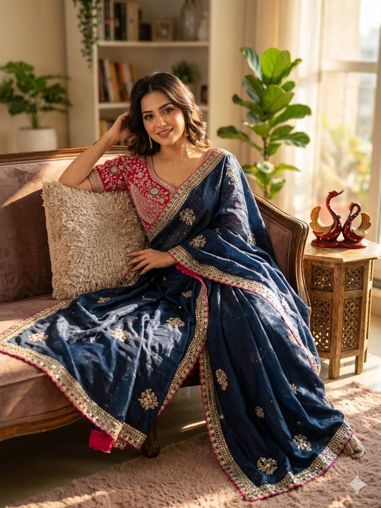 Premium Frendy Satin Saree with Sequence & Zari Embroidery Work