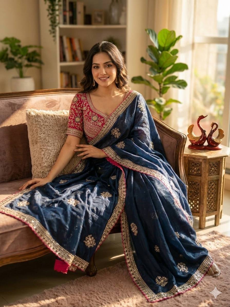 Premium Frendy Satin Saree with Sequence & Zari Embroidery Work