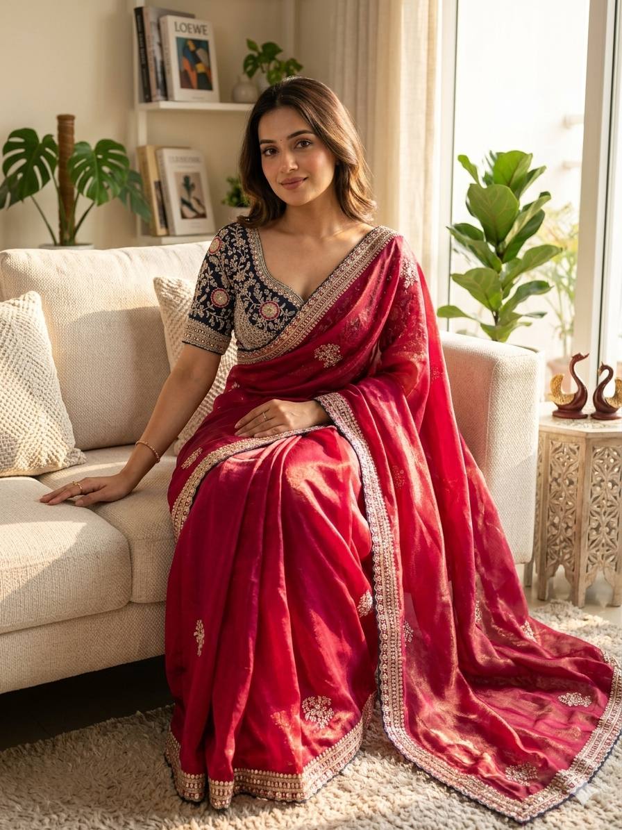 Premium Frendy Satin Saree with Sequence & Zari Embroidery Work