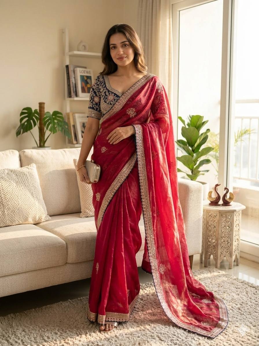 Premium Frendy Satin Saree with Sequence & Zari Embroidery Work