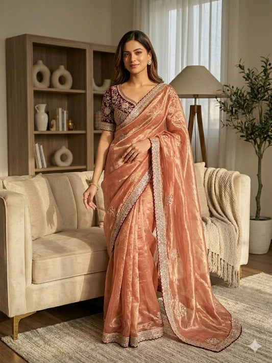Premium Frendy Satin Saree with Sequence & Zari Embroidery Work