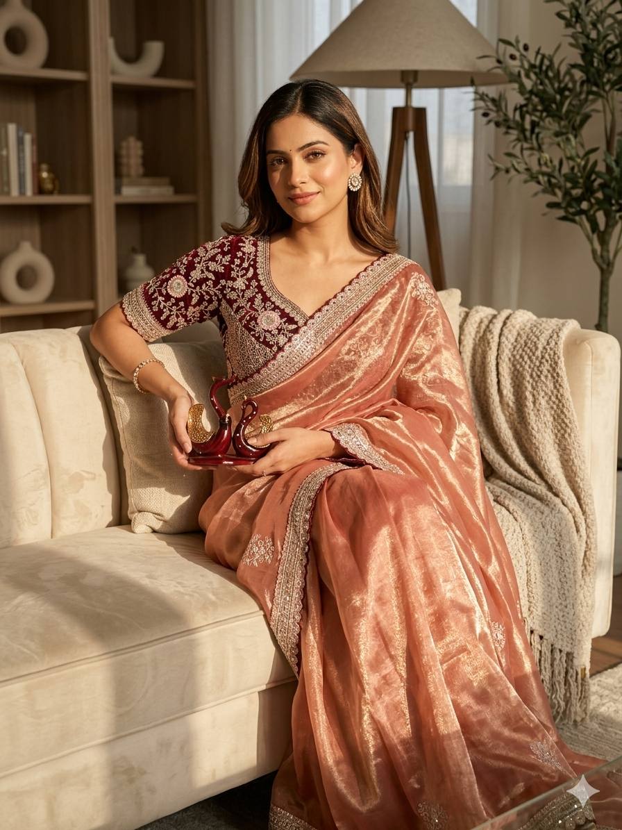 Premium Frendy Satin Saree with Sequence & Zari Embroidery Work