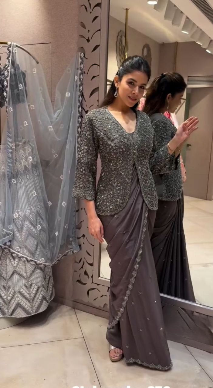 Heavy Crepe Satin Embroidered Saree with Designer Koti Set