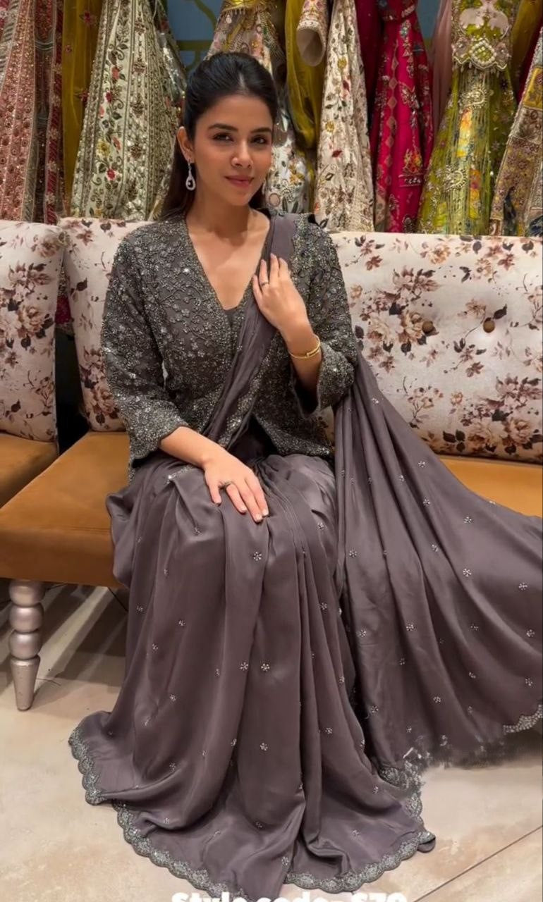 Heavy Crepe Satin Embroidered Saree with Designer Koti Set