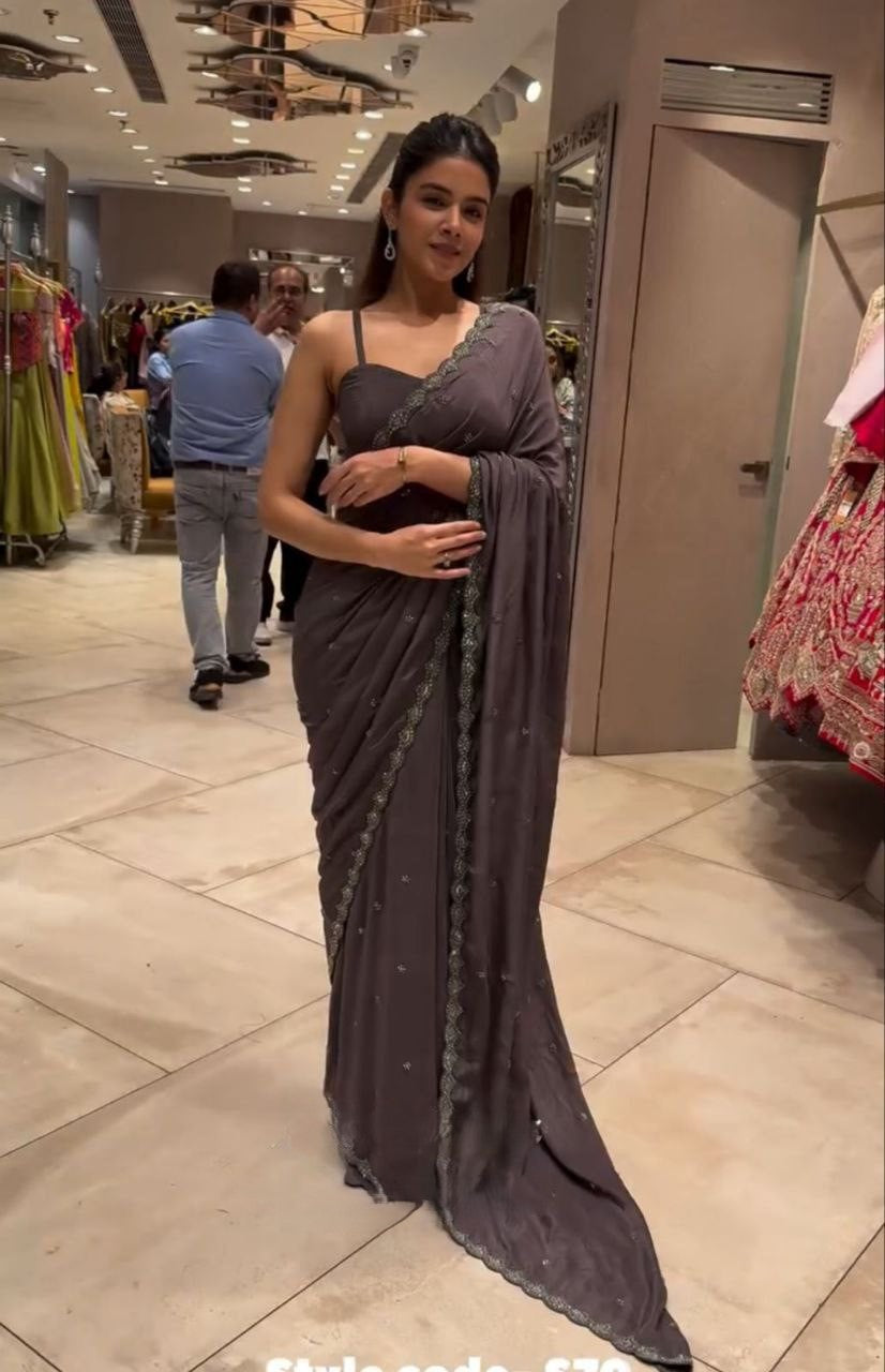 Heavy Crepe Satin Embroidered Saree with Designer Koti Set